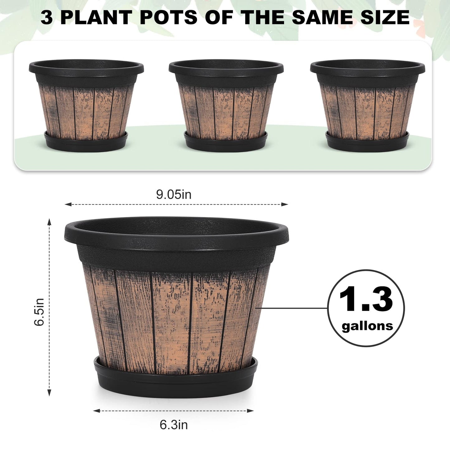 Quarut Plant Pots Set of 3 Pack 9 inch,Whiskey Barrel Planters with Drainage Holes & Saucer.Plastic Decor Flower Pots Imitation Wine Barrel Design,for Indoor & Outdoor Garden Home Plants (Brown)