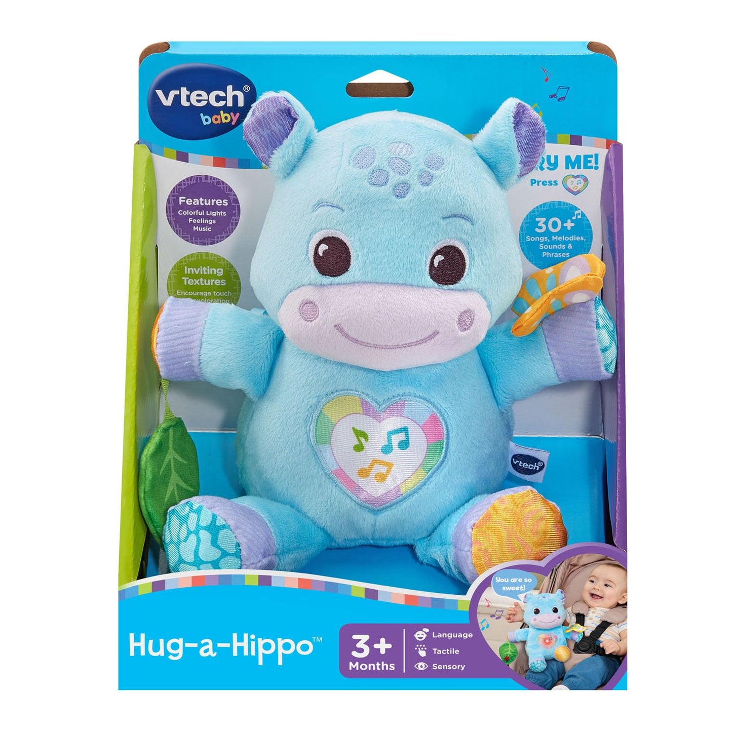 VTech Baby Hug-a-Hippo Musical Plush Toy with Lights and Textures, Blue