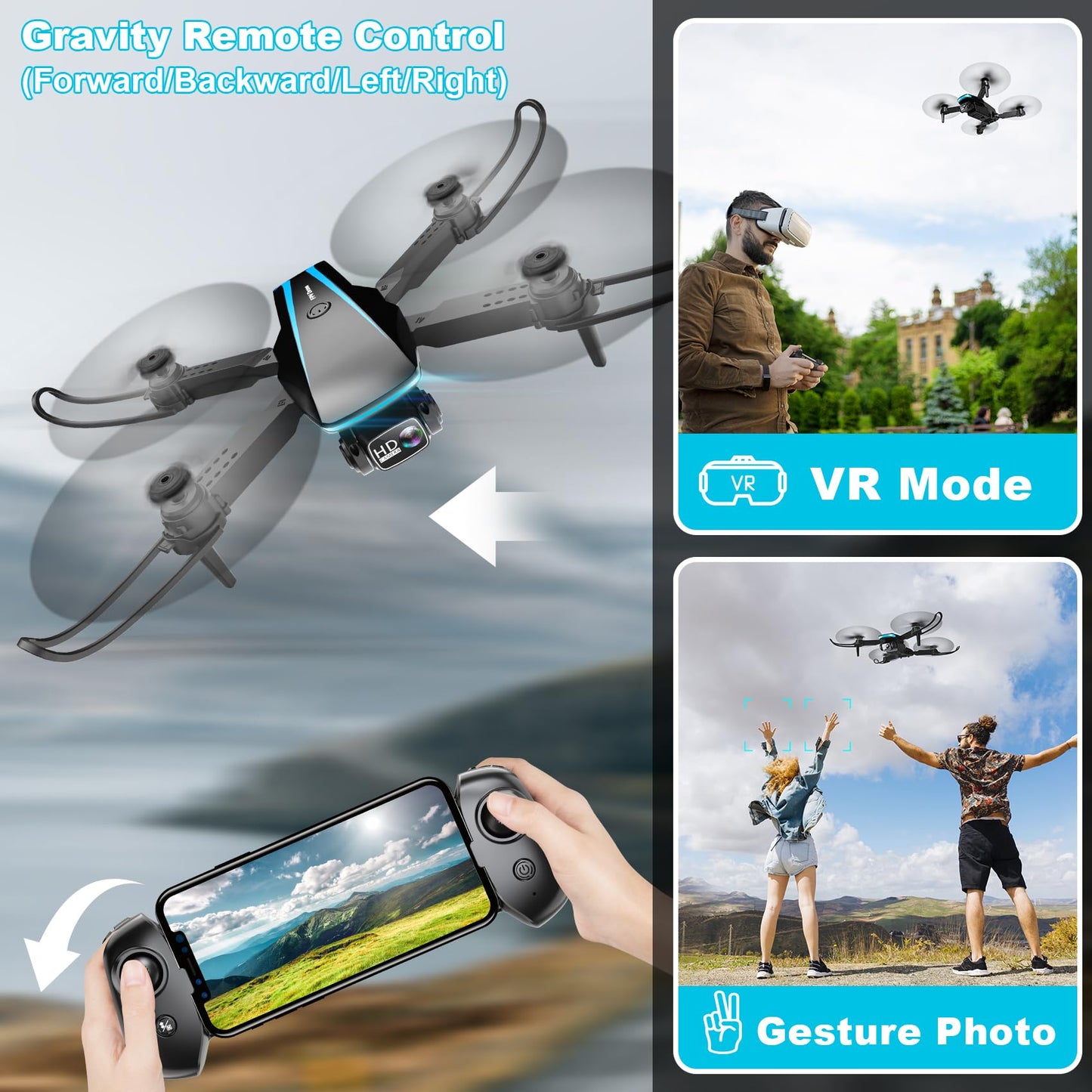 Oddire Drone with Camera - Drones for Adults, with 2 Batteries, Carrying Case, Propellers, 1080P HD Foldable Drone with Stable Hover, Trajectory Flight, Gravity Control, One Key Take Off/Land, 3D Flip