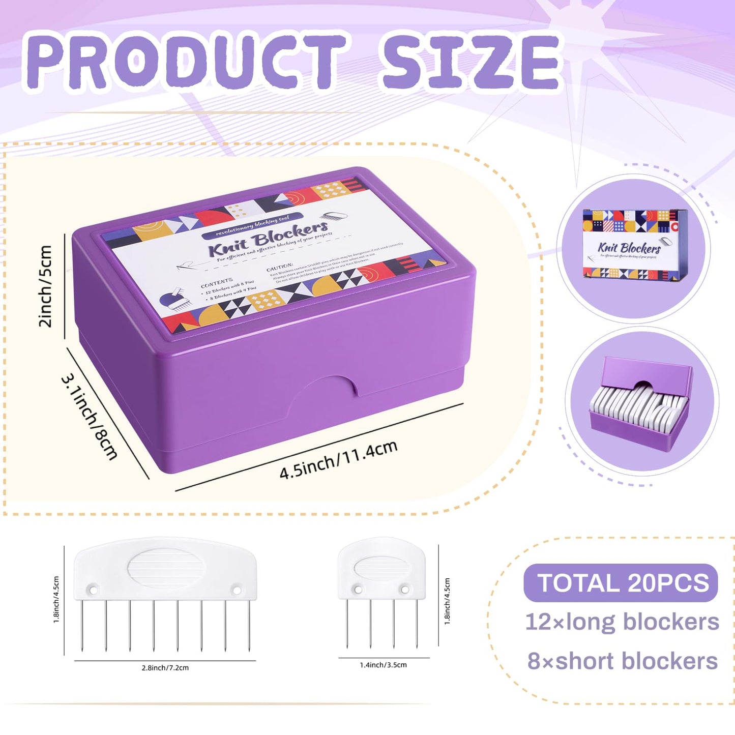 Opstin 20Pcs Knit Blocking Pins Kit, Knit Blockers Pins Kit, Knit Blocking Combs, Blocking Pins for Knitting & Crochet Projects, Knit Blocking Pins for Blocking Mats, Crochet Blocking Pins