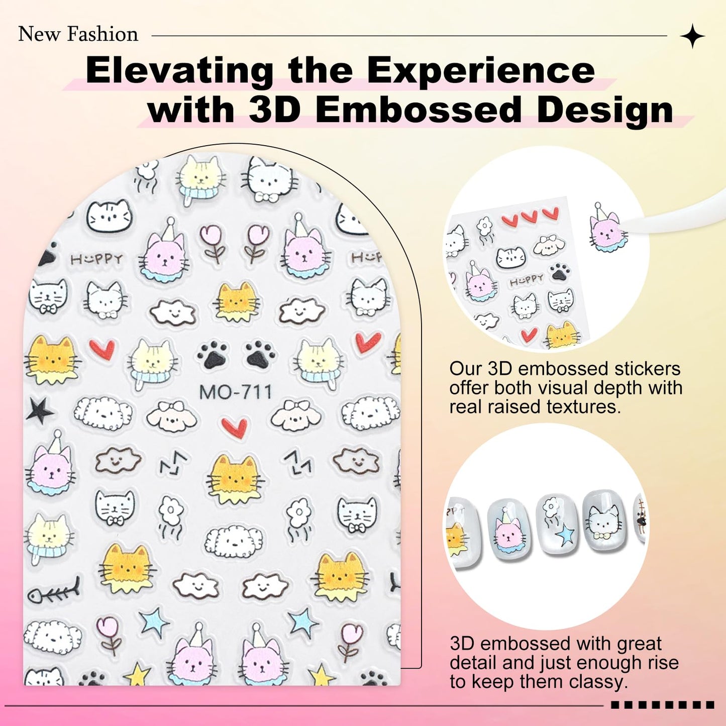 6 Sheets Cute Cat Dog Nail Stickers for Nail Art Adorable Kitty Bow Designs 3D Embossed Self Adhesive Nail Decals for Women DIY Manicure Decoration YX1234
