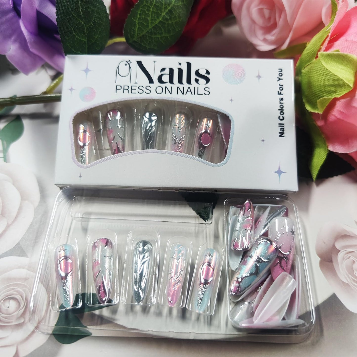 30 Pcs 3D Love Heart Press on Nails Stars Acrylic Fake Nail Moon Gel Glue on Nail Valentines Almond Medium False Nails Glossy Pink Glitter Gradient Stick on Fingernails for Women Valentine's Gift