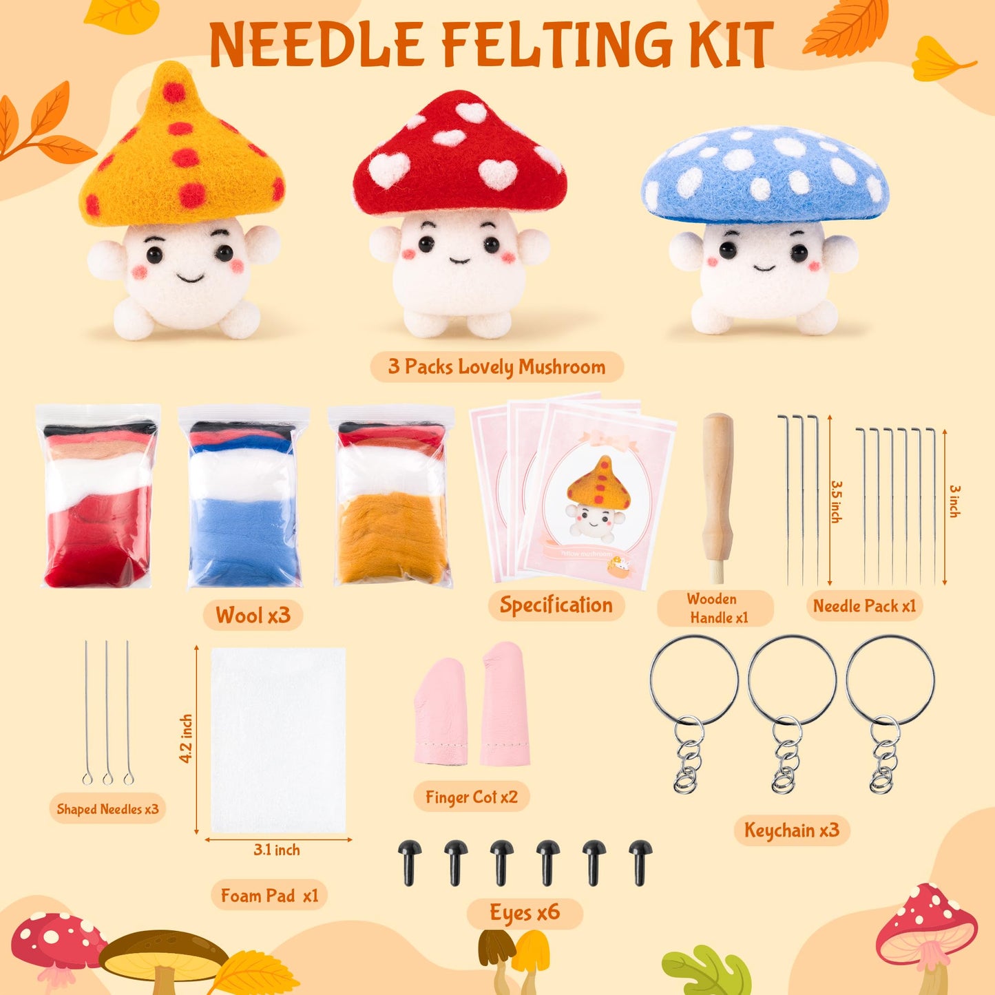 WATINC Needle Felting Kit - 3 Set Unique Different Cute Doll Wool Felt Needle Tools Foam Pad Instruction, DIY Home Decoration Craft Party Supplies for Art Work Starter Beginners (Mushroom)