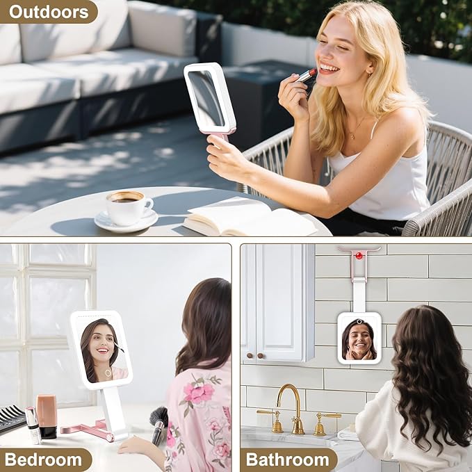 Mocado Travel Makeup Mirror with Lights,10X/1X Magnifying Mirror with Light, Double Sided Travel Mirror with 3 Color Light,Dimmable Touch,Lighted Makeup Mirror for Tabletop,Handheld,Hanging(Rose Pink)