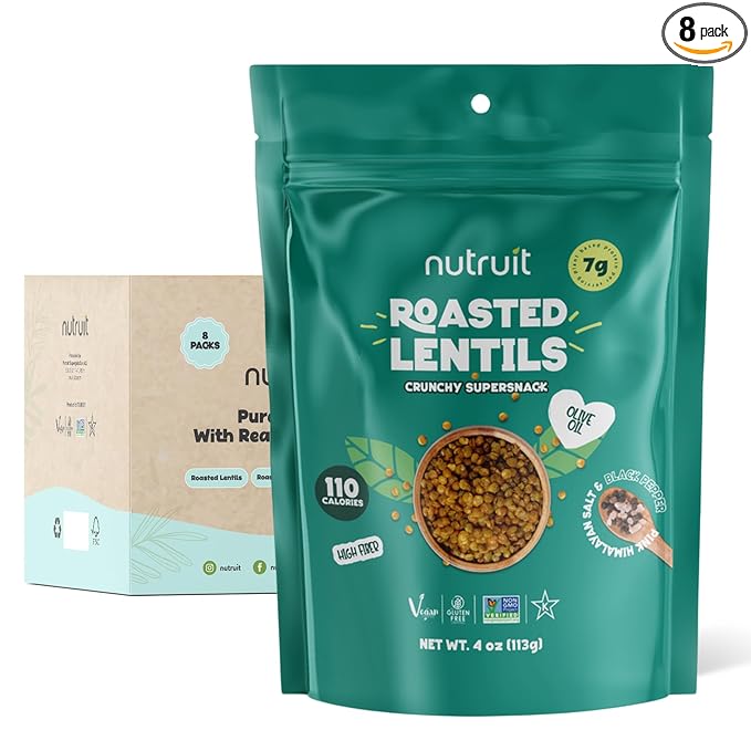 Nutruit Roasted Lentil Snacks - Tasty Snack Box with Vegan, Gluten Free, Non-GMO, High Protein, Low Calorie, Healthy On-The-Go Low Calorie Lentils Snacks - 4oz Packs (8-Pack Box) (8 Pack, Himalayan Salt & Black Pepper)