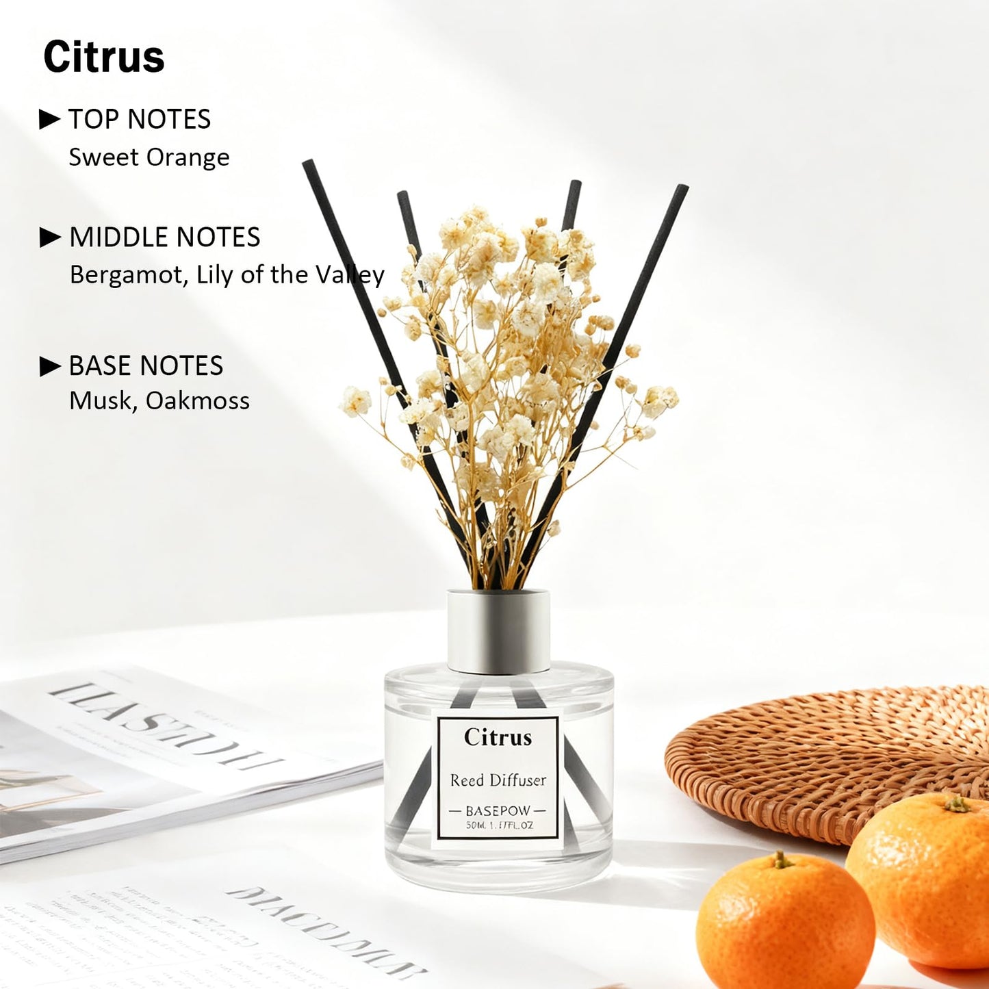 BASEPOW Reed Diffuser Set of 3 Pack,Clean Linen,Vanilla,Citrus Scented Oil Diffuser with 12 Sticks,Reed Diffuser for Home Living Room Office Bathroom Air Freshener,50ml x 3
