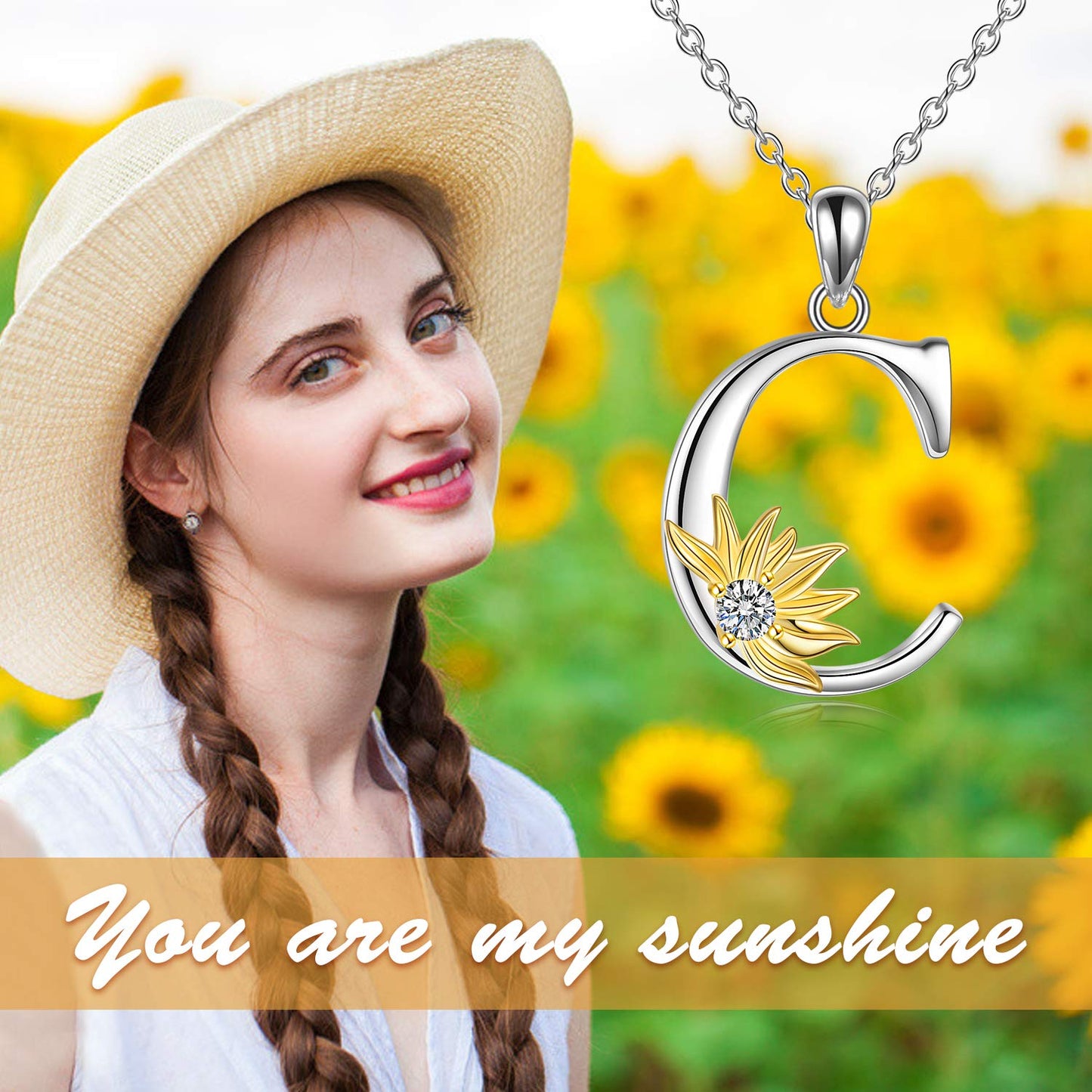 POPLYKE Sterling Silver Initial Alphabet Letter C Name Pendant Necklace for Women for (Sunflower C)