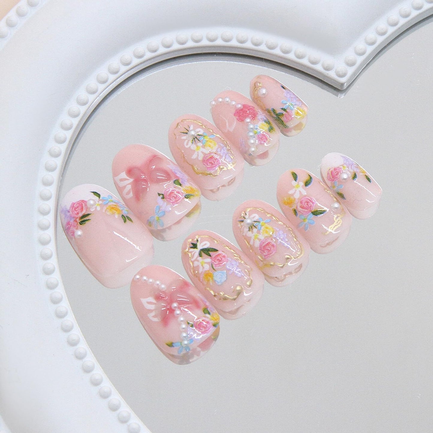 IMRAIN Press on Nails - Pearl & Flower | Short Oval Fake Nails | Full Cover Glossy French Tips Glue on Nails 24Pcs