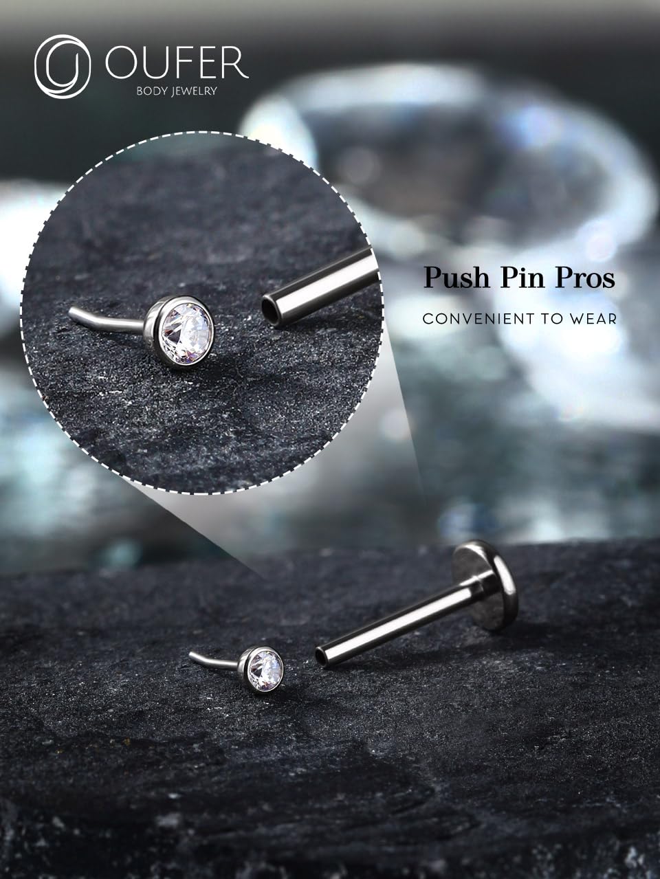 OUFER 2PCS Nose Rings Studs, G23 Solid Titanium 18G Silver Threadless Helix Earring Flat Back, Tiny CZ 2MM Nose Nostril Helix Tragus Piercing Jewelry for Women Men-6MM