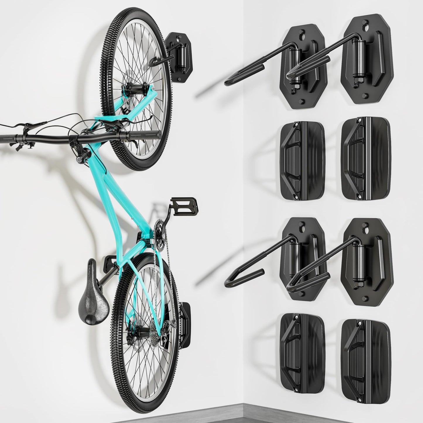 PEGZONE Swivel Bike Wall Mount, Heavy Duty Vertical Bike Rack with Fixed Hooks for Garage Storage, Wall Mounted Bicycle Hangers Holds up to 77 lbs for Indoor, 4 Pack