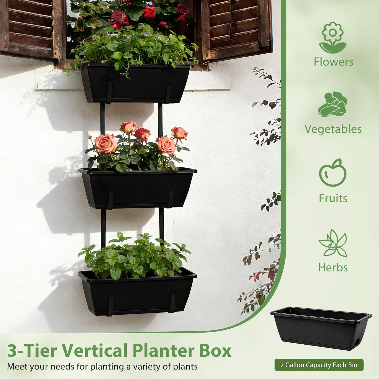 OYEAL Railing Planter Box 3 Tier Vertical Window Boxes Planter Outdoor with Adjustable Brackets & Rectangular Flower Pots Deck Railing Hanging Flower Pots for Patio, Lawn, Porch, Balcony Decor, Black