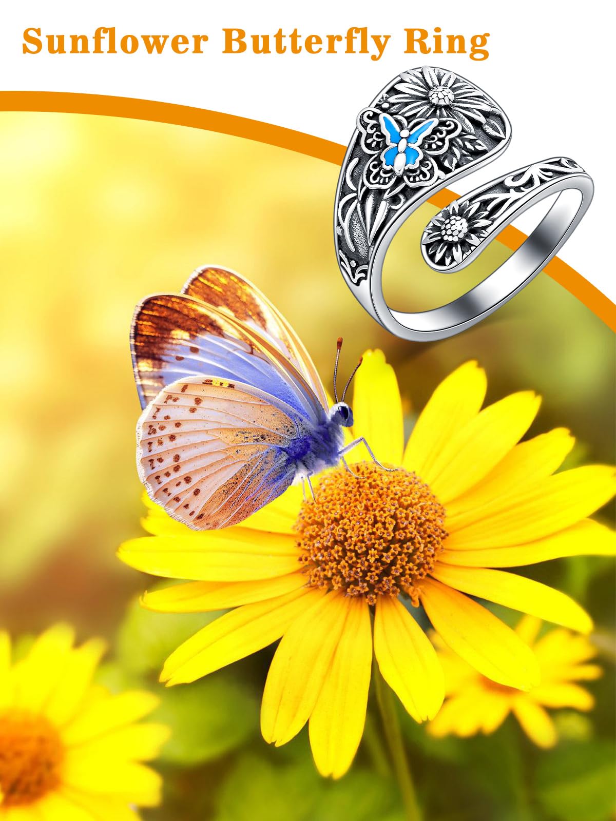 Midari Butterfly Sunflower Spoon Rings 925 Sterling Silver Butterfly Ring Sunflower Ring for Women Adjustable Thumb Spoon Ring Vintage Finger Open Spoon Rings for Women Daughters