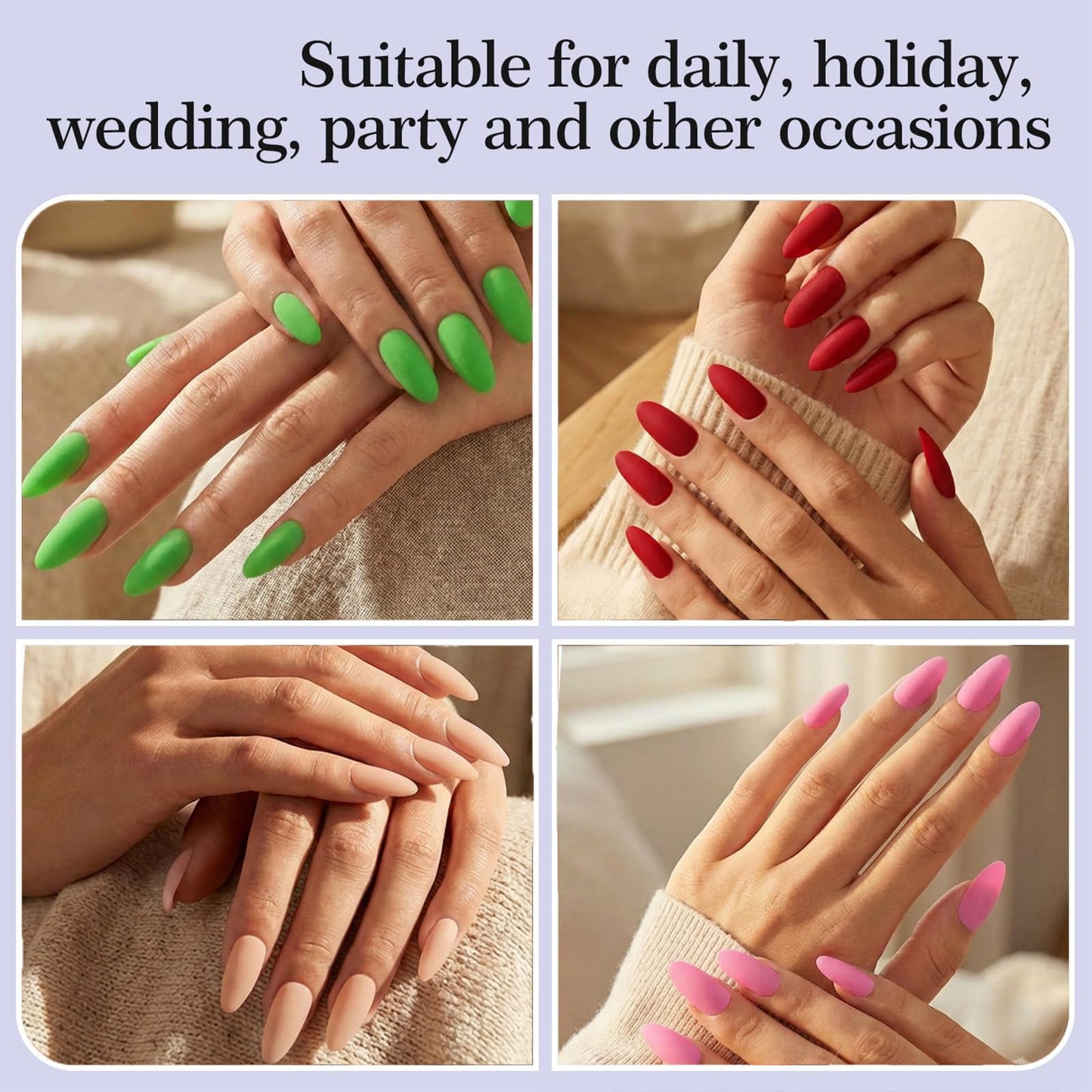 216 Pcs Press on Nails Medium Almond Nail Press ons in 9 Colors Fake Nails in 12 Sizes Mate False Nails Full Cover Stick on Nails for Women Manicure
