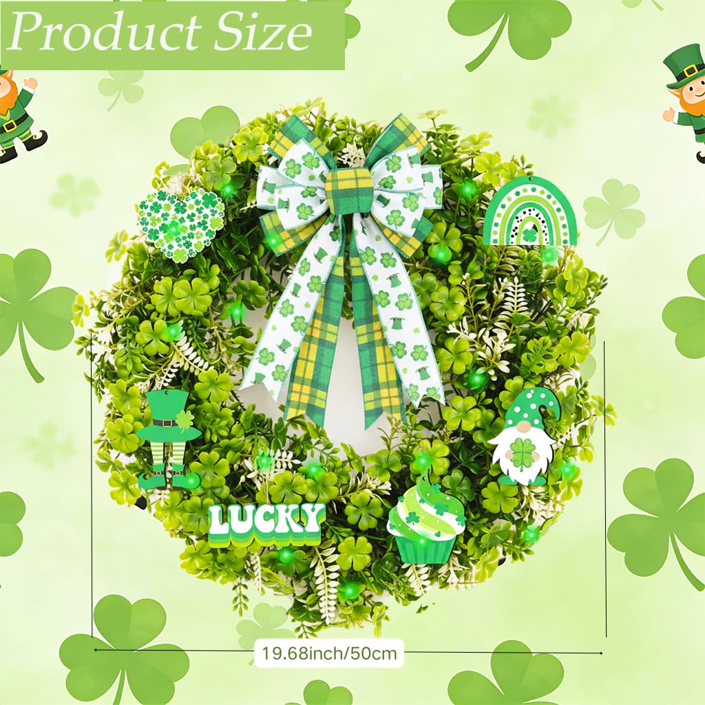 Erizhaltic 20" Artificial Green Leaf Wreath with 10 Detachable Seasonal Signs & Lights - Lush Boxwood Spring Wreath for Front Door, Includes Hanger & Bow - All-in-One DIY Floral Kit Home Decor