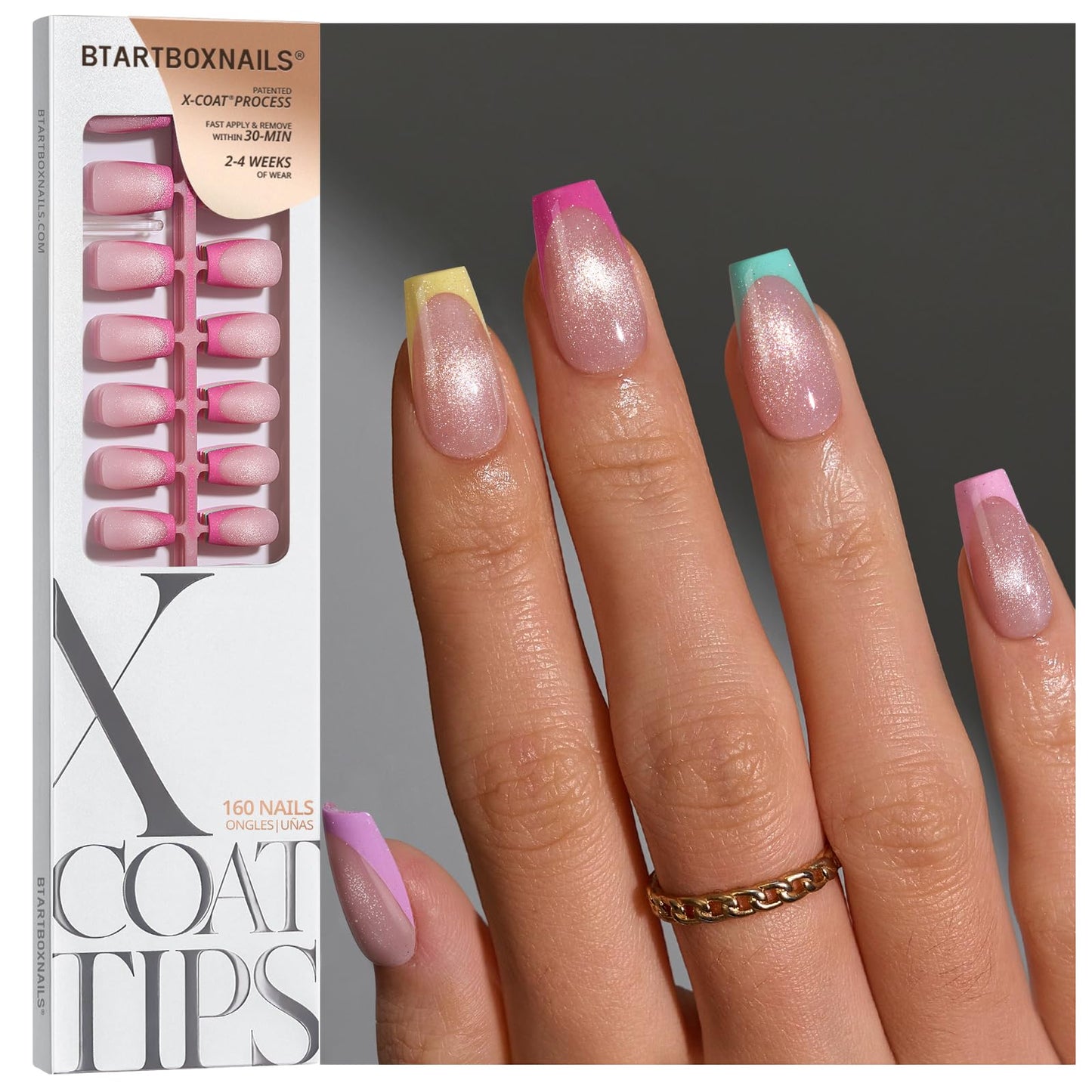 BTArtboxnails XCOATTIPS 5 Brighter Pastel French Tip Press on Nails - Short Coffin, Cat Eye Base, 4-Week Wear, Easy-to-Apply, Soak Off, Salon Quality Value at Home, 16 Size - 160 Fake Nails