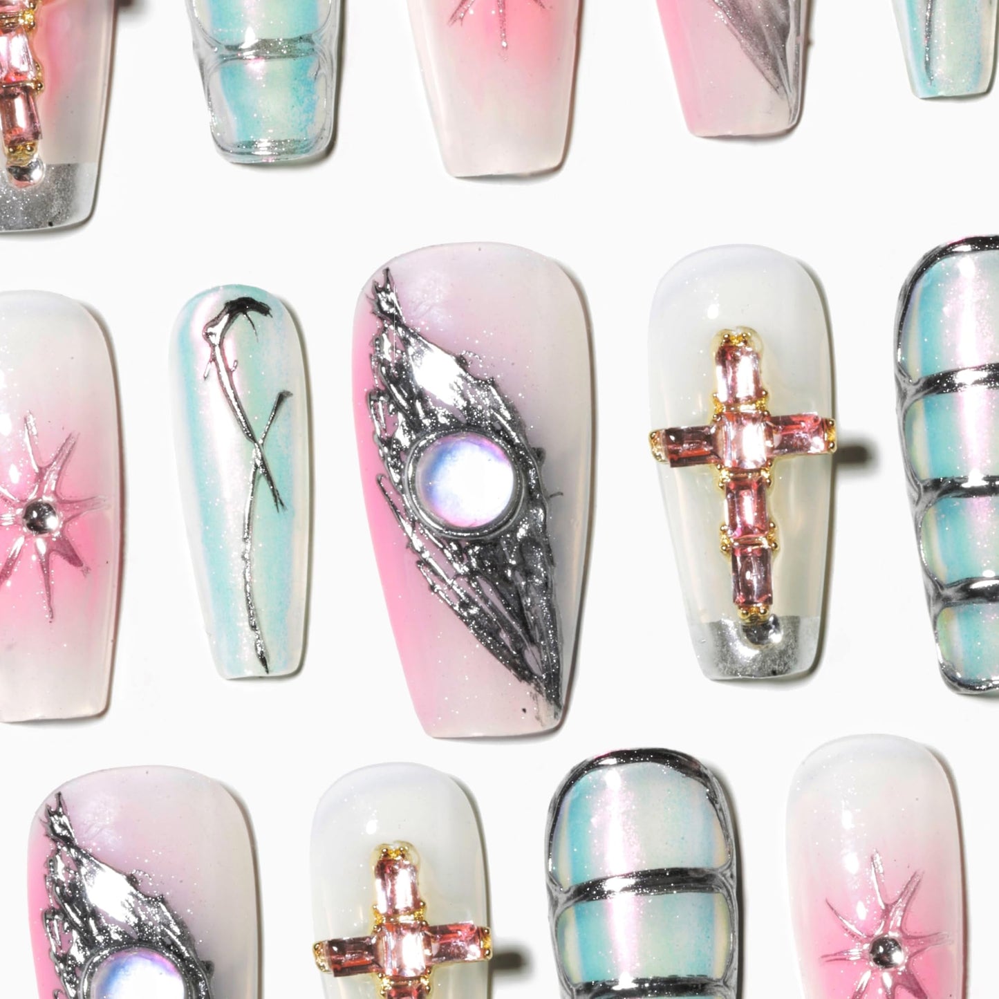 Sun&Beam Nails Handmade Press-on Medium Long Coffin Ballerina Pink Sliver Aurora Rhinestone Y2K Design False Nail Tips 10 Pcs (#137 S)