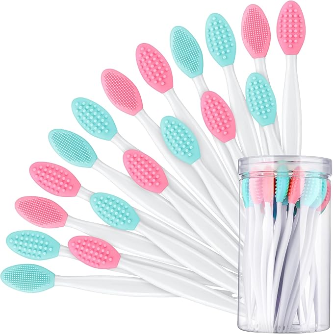 Patelai 24 Pcs Silicone Exfoliating Lip Scrub Brush with Container Double Sided Silicone Lip Scrubber Soft Cleaning Brush for Men Women Lightening for Dark Lips(Pink, Green)