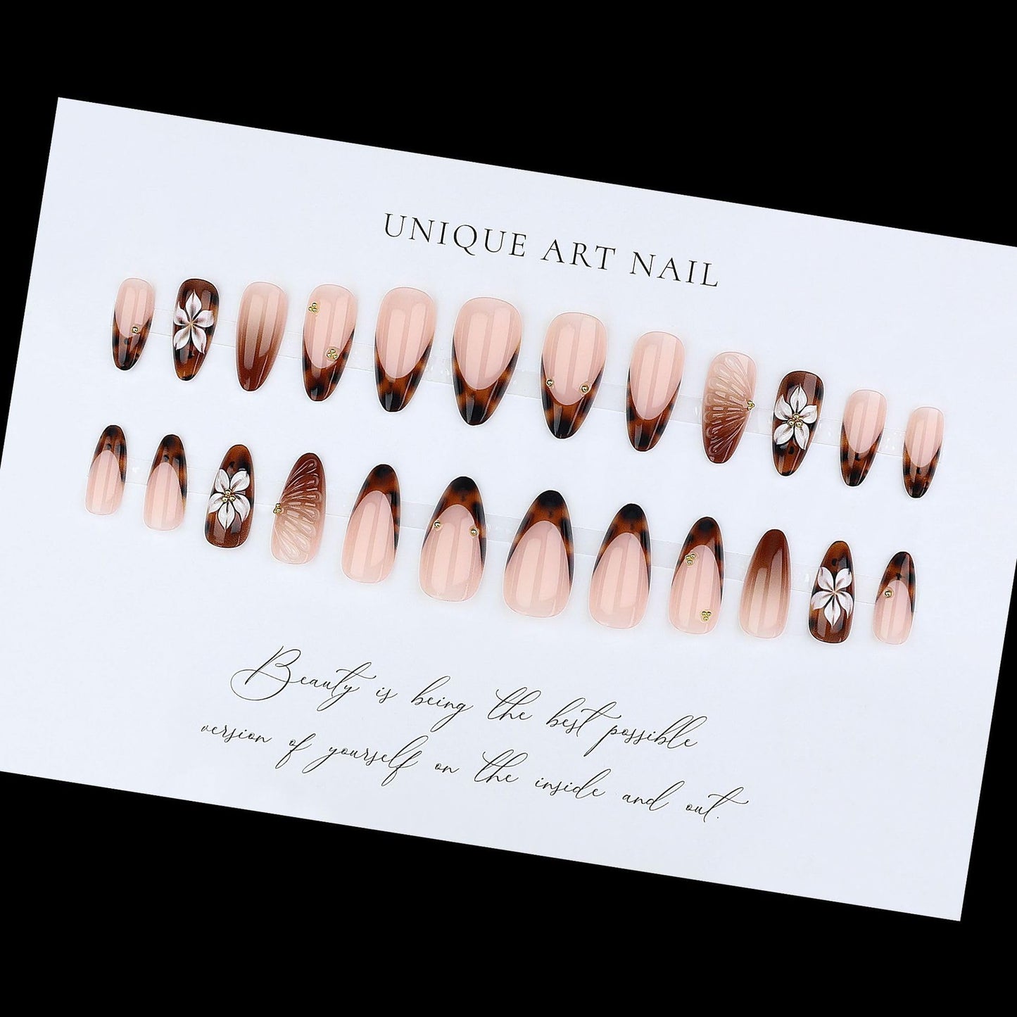 plalely Almond Press on Nails Medium Brown Fake Nail3D Flowers Designs Acrylic Nail Press ons Stick on Nails for Women 24pcs
