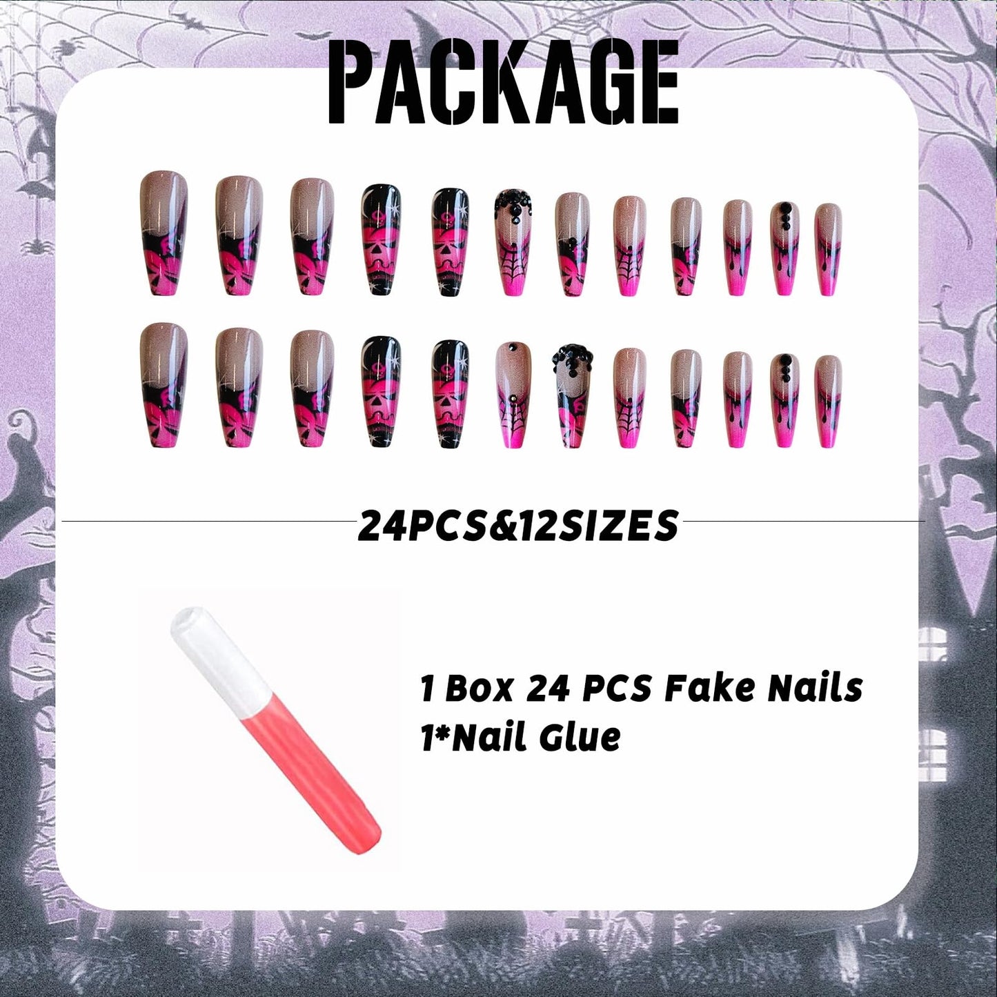 IMSOHOT Halloween Long Coffin Press on Nails, Pink Black with Spider Web & Pumpkin Acrylic Nails, 24PCS