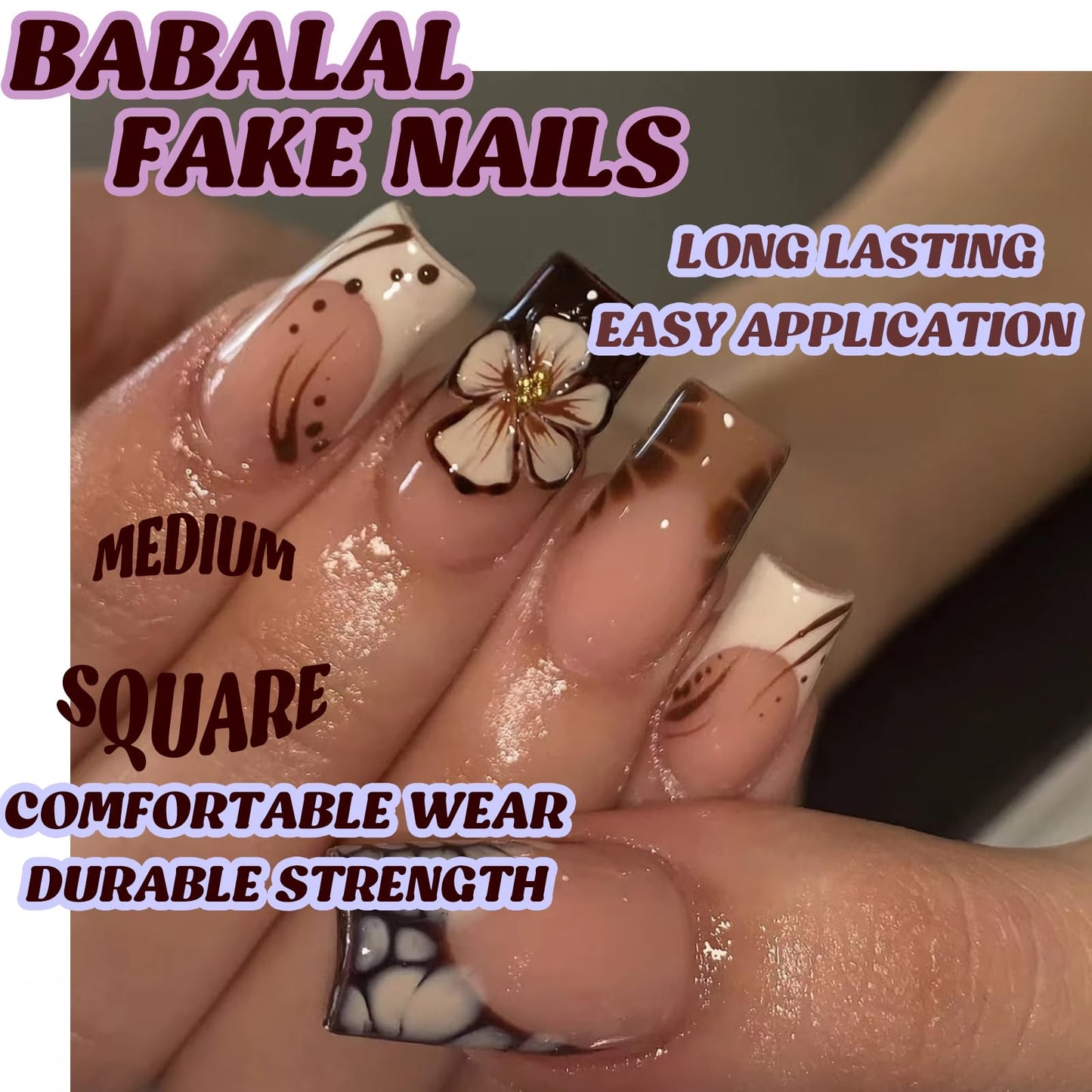 BABALAL Press on nails Medium Square Fake Nails Brown French Tip Glue ons Flower Fall Design Y2k Acrylic Supplies 24Pcs Squoval Manicure Full Cover False Nails Art