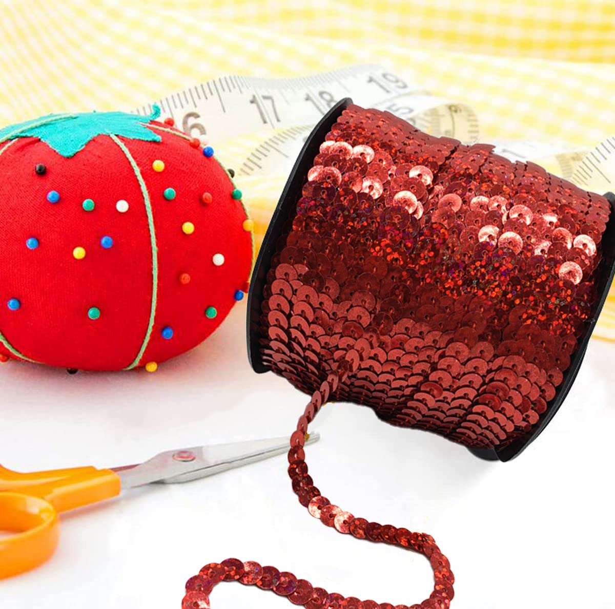 Zhiheng 100 Yards 6mm Round Flat Sequin Trim Spangle Paillette Sequins Roll Sequin String Ribbon Roll for Crafts Fringe Sewing Embellishments Costume Accessories (Red)