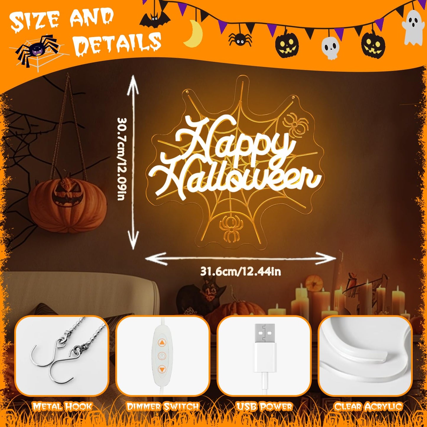 hhuohuona Happy Halloween Neon Sign Dimmable Neon Halloween Sign 3D Spider Web With Glowing Happy Halloween Led Window Lights Gothic Light Up Sign for Party