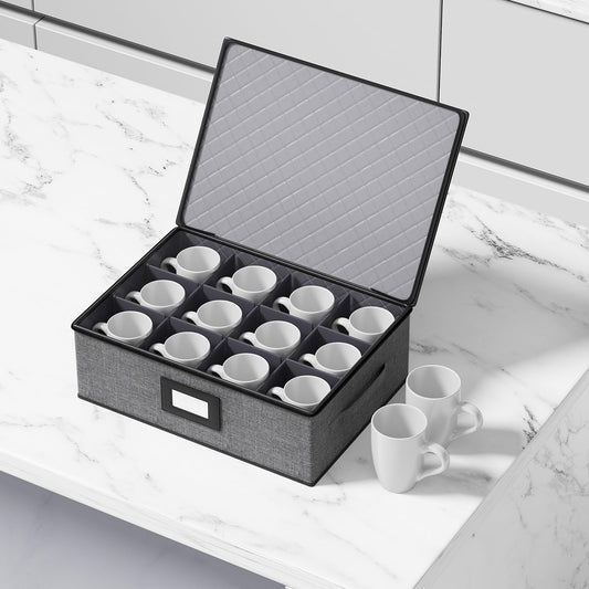 Aokeyee 2-Pack Cup & Mug Storage Box with Dividers, Hard Shell Organizer with Lid, Handles, Zippers & Label Slot, Holds 24 Mugs, Teacups & Glasses, Stackable Containerfor Moving & Protection, Grey