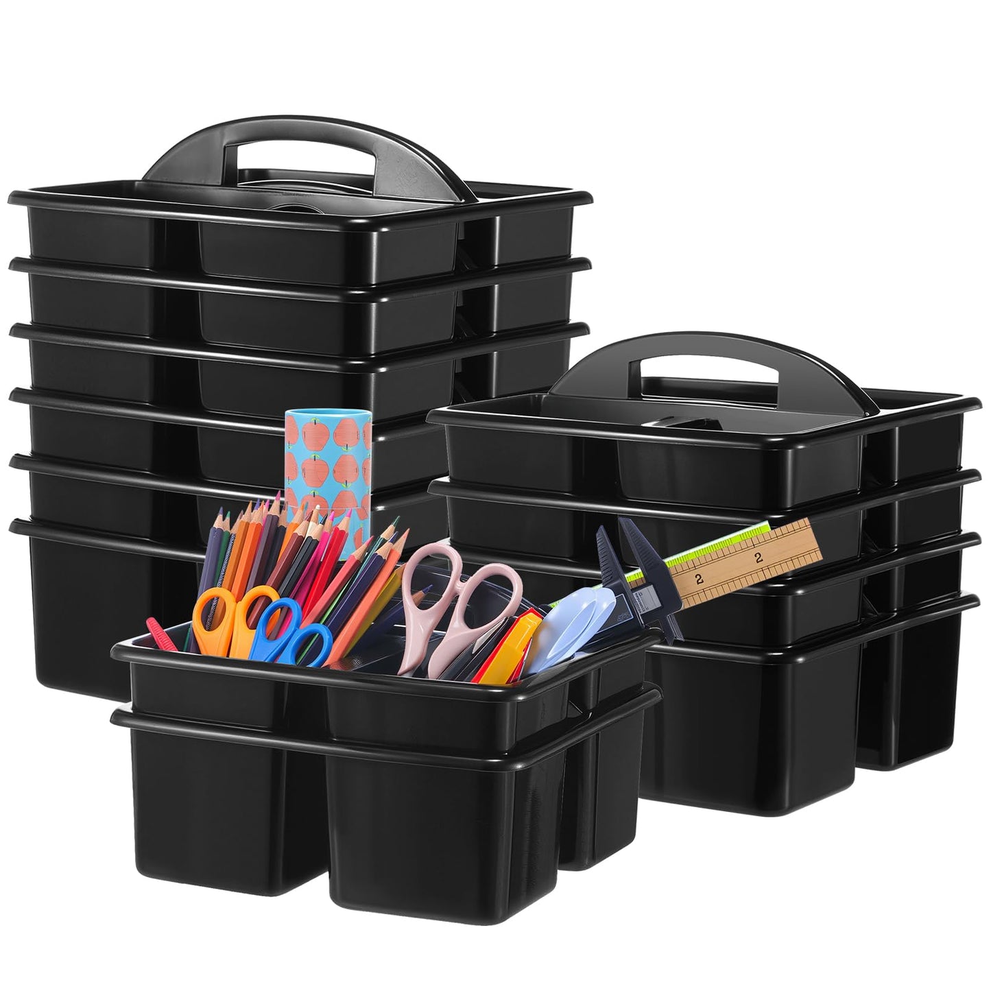 Threehoney 12 Pack Classroom Caddy Storage Basket with Handle 3 Compartment Plastic Storage Caddy Bulk for Arts Office Crafts Pencil Crayon Marker School Supplies(Black)