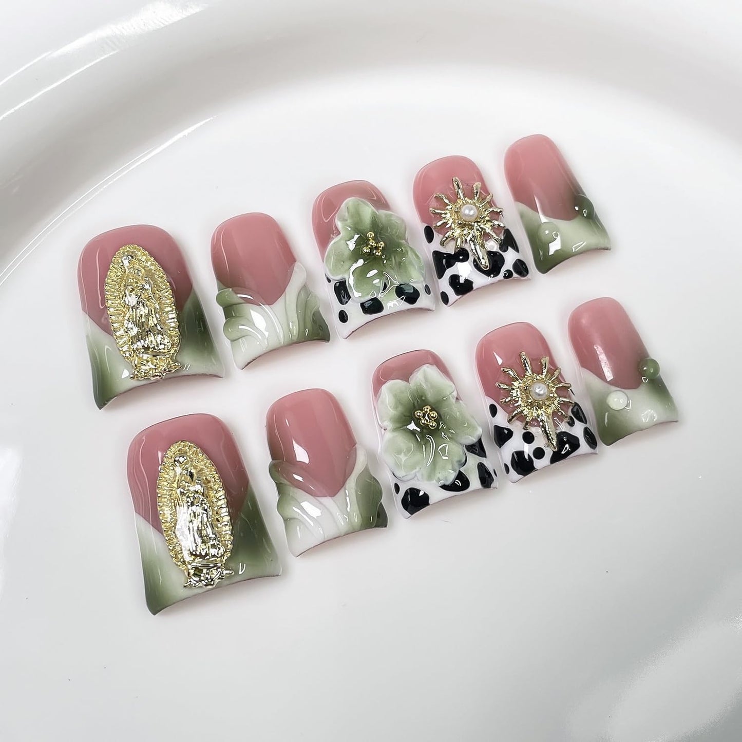 Handmade Press on Nails Short Duck Shaped Fake Nails Green White Gradient Stick on Nail Luxury 3D Flowers False Nails Designs French Tip Thick and Muti-Layer Gel Acrylic Nail for Women（S)