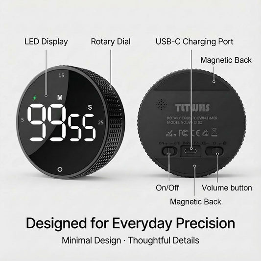 TLTWHS Rechargeable Magnetic Kitchen Timer, LED Countdown/Count-Up Timer, Supports USB-C Charging, with Loud Alarm, 3 Preset Quick Times (5/15/25m), Perfect for Kitchen Cooking, Studying, and Fitness