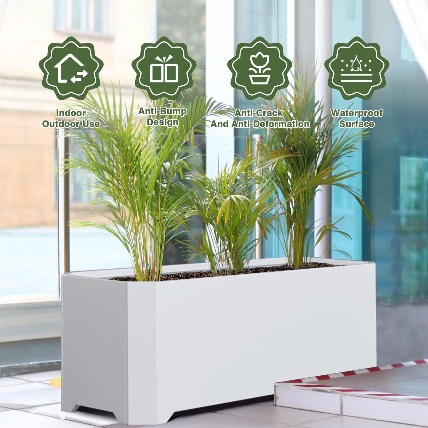 GJWCVL Steel Planter Box-36"x15"x15"-Large Rectangular Planters for Outdoor Plants, White Matel Planter Box Raised Support Feet for Patio, Deck, Garden, Yard, Drain Holes, Easy Assembly