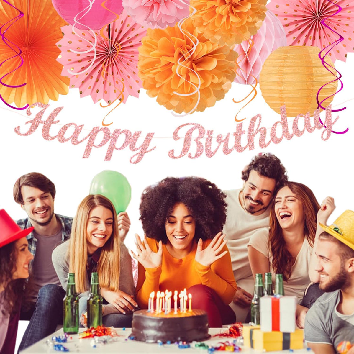 Hot-Pink Orange Fall Birthday Party-Decorations - 21pcs Autumn Women Peach Happy Banner,Girls Groovy Paper Streamers Lanterns Honeycomb,Tissue Flowers Pom Poms Fan, Boho Garland Room Decor