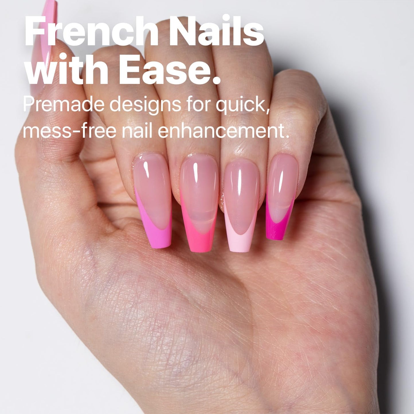 SXC Cosmetics French Tip Press On Nails 150 Pieces in 15 Sizes Ultra Fit with Pre-applied Tip Primer and Base Coat, No Need to File Fake Nails for Nail Art DIY X-Pro Tips (5PINK120-M Coffin)