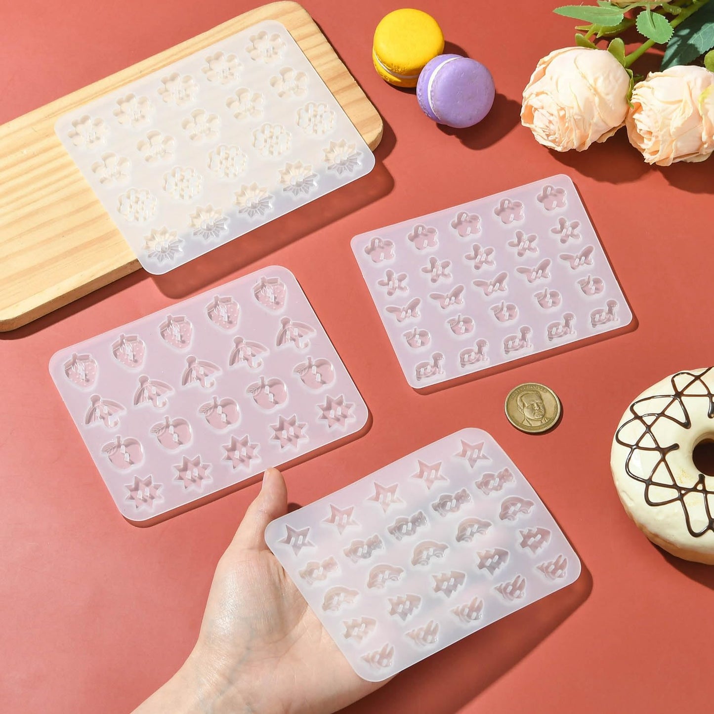 Stiesy 4 Pcs Button Silicone Molds Fruit Flower Star Shape Buttons Charms Epoxy Resin Mould for Resin Jewelry Casting Mold DIY Sewing Craft Decorations Making Tool