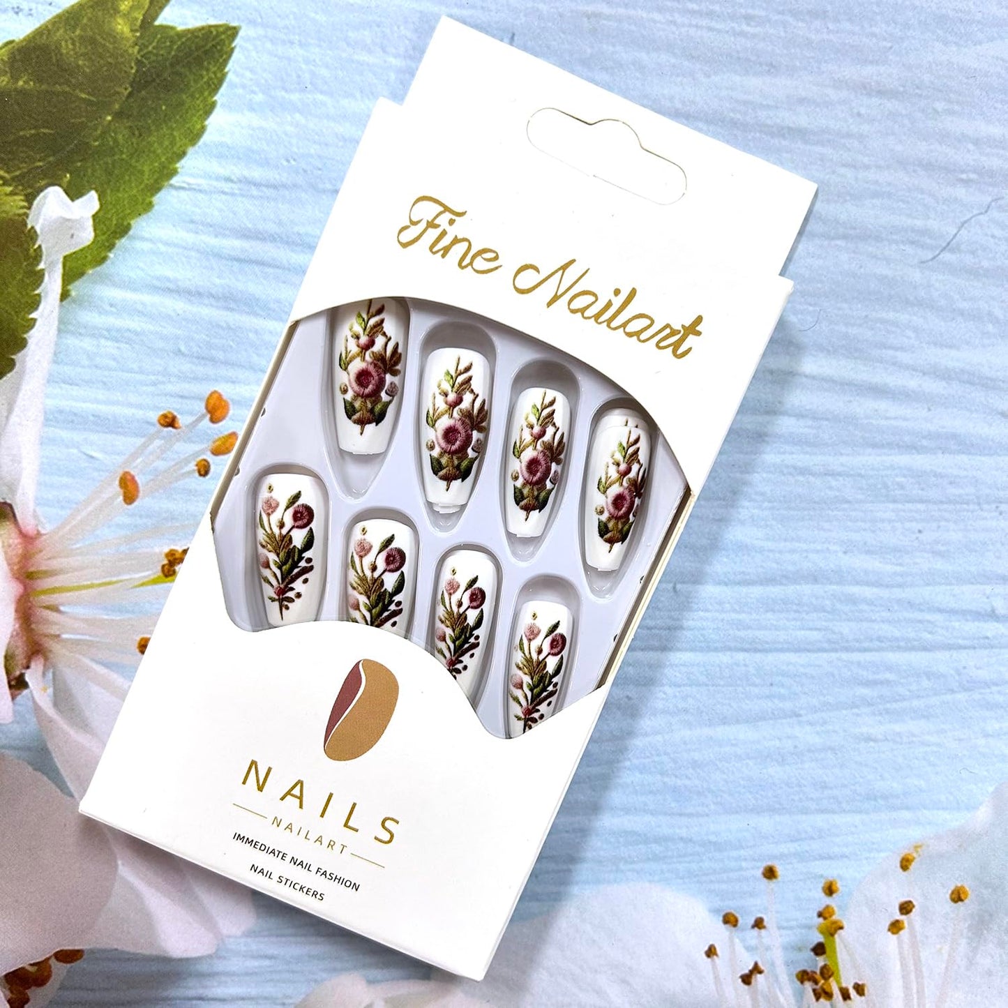 Pastel Embroidery Press on Nails Medium Ballet Shaped False Nails Flower Acrylic Nails White Stick on Nails Floral Embroidery Design Coffin Nails 24Pcs Full Cover Artificial Glue on Nails for Women