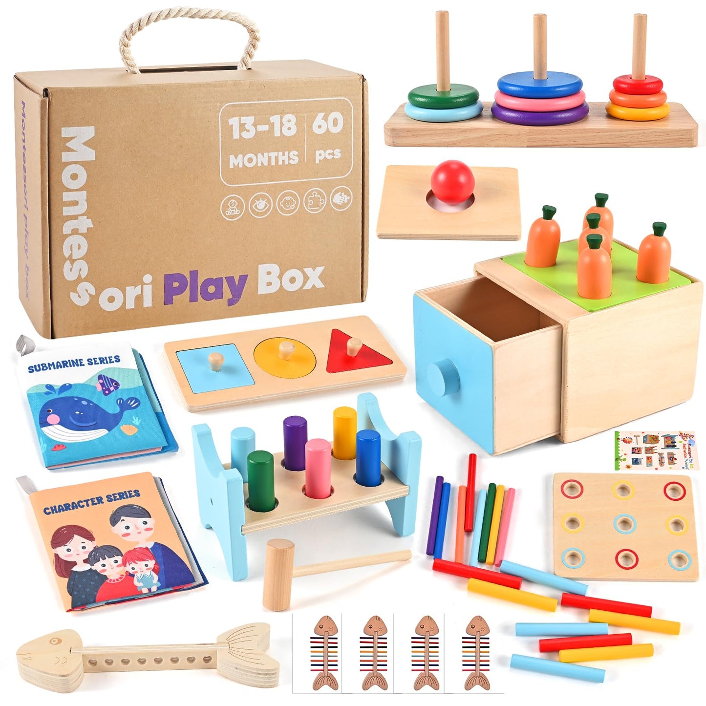 WoodTrove Wooden Montessori Toys for 1+ Year Old, 9-in-1 Learning Educational Set with 3-in-1 Activity Box, Pound Bench, Shape Puzzle, Cloth Books, Fishbone Matching & Ring Stacker