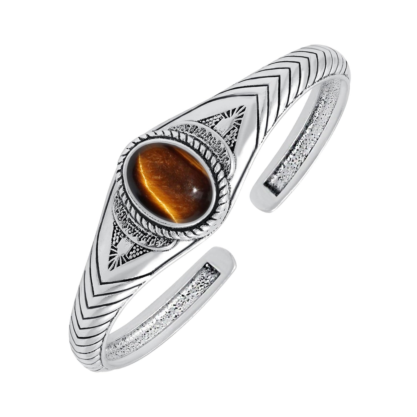 Tiger Eye Cuff Bangle Bracelet for Men Women – Handmade 925 Silver Plated Adjustable Boho Jewelry – Natural Gemstone June Birthstone Statement Bangle – Elegant Bohemian Gifts for Him Her