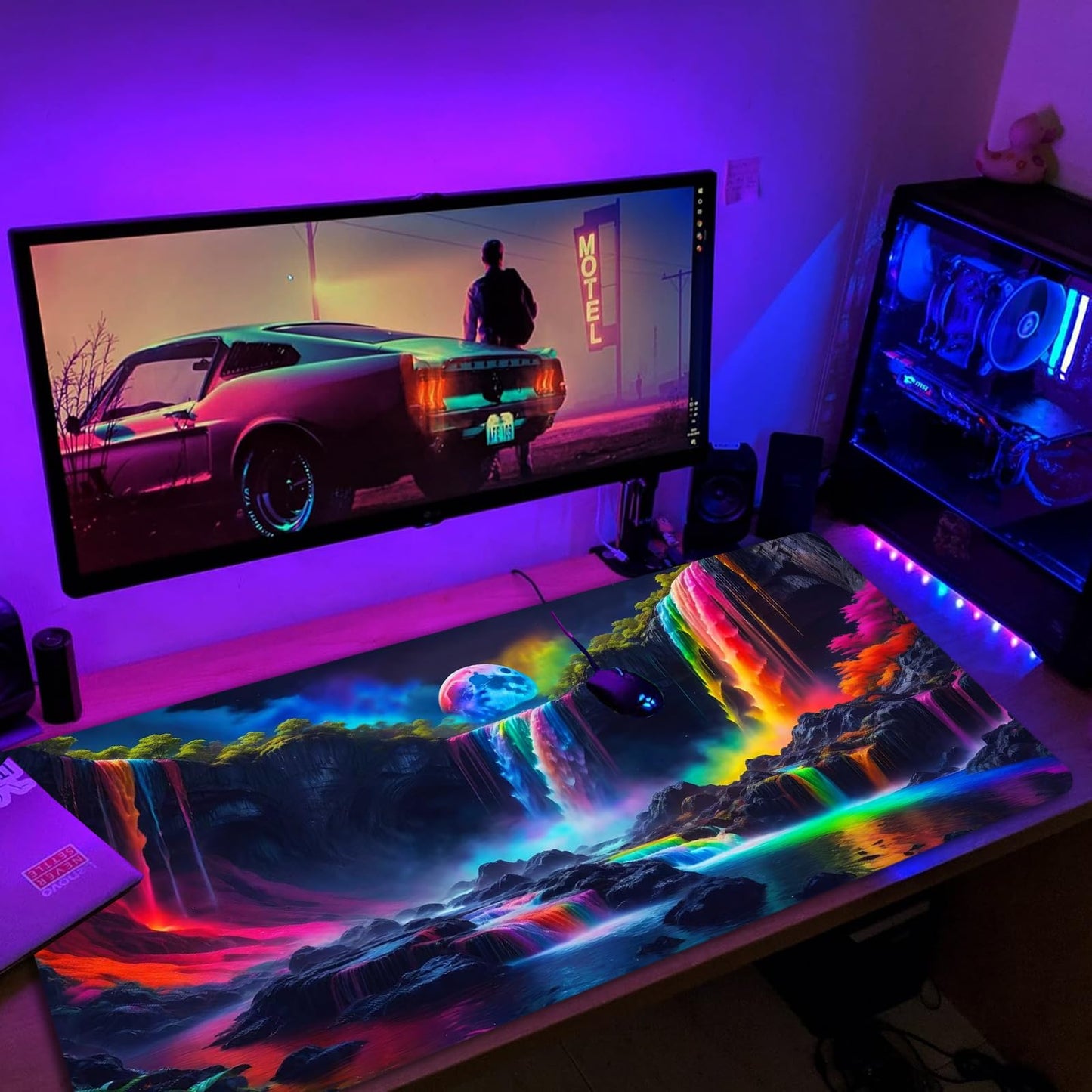 Simpkeely Large Fantasy Waterfall Gaming Mouse Pad - Blacklight Waterproof Glowing Desk Mat, 31.5" x 11.8" Extended Non-Slip Rubber Base for Office & Home