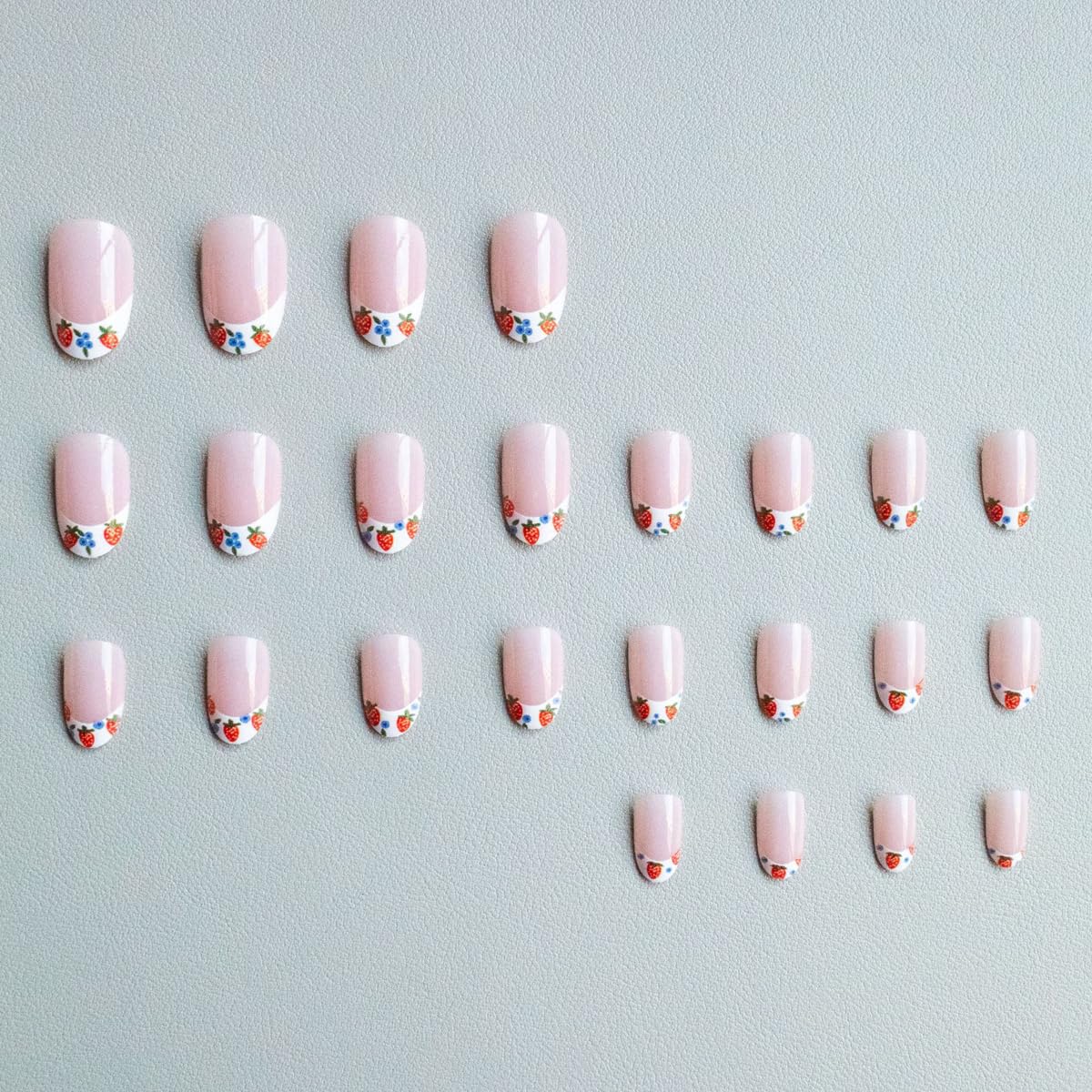 French Tip Press on Nails Medium Oval Fake Nails Spring Nails Press ons with Cute Strawberry | Blueberry Design,Reusable Artificial Nail Full Cover Stick on Nails for Women Manicure 24Pcs