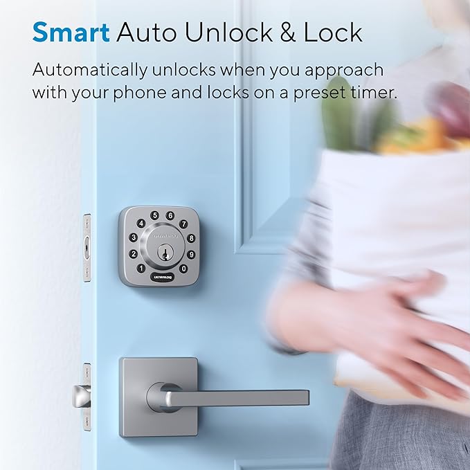 ULTRALOQ U-Bolt Smart Lock, 5 in 1 Keyless Entry Door Lock with Bluetooth, App Control, Backlit Keypad, Auto Unlock, Smart Deadbolt for Front Door, ANSI Grade 1, 1 Year Battery, Satin Nickel