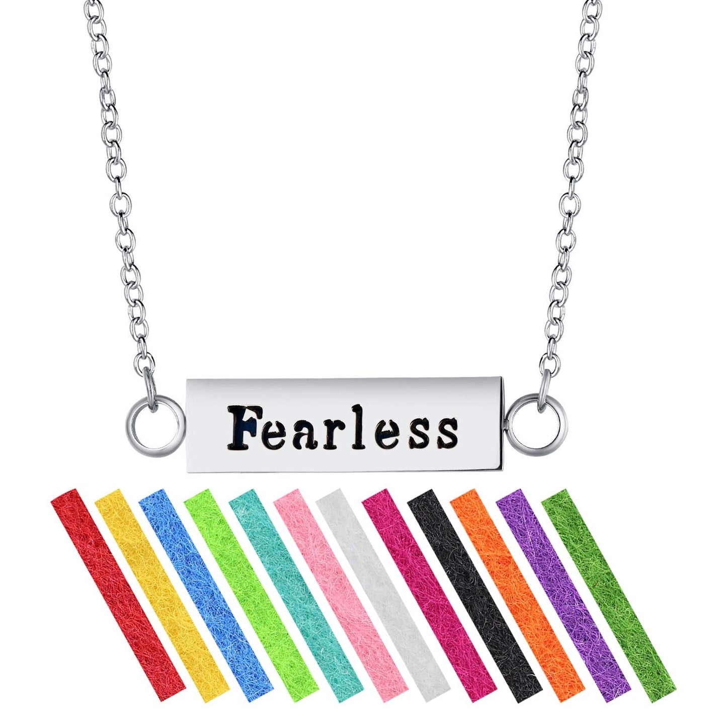 Wild Essentials "Fearless" Essential Oil Diffuser Bar Necklace Gift Set - Includes Aromatherapy Pendant, 24" Stainless Steel Chain, 12 Color Refill Pads