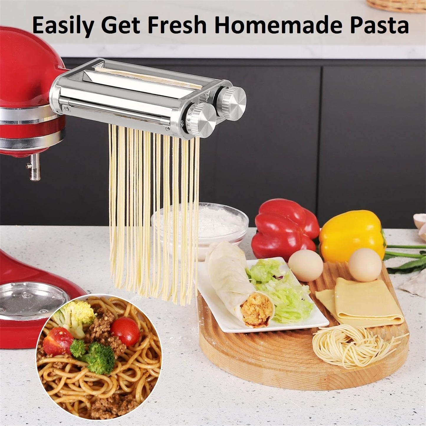 FavorKit 3 in 1 Pasta Maker Attachment Set for KitchenAid Mixers Plus Hub Knob Screw Accessory Included Dough Sheet Roller, Noodle Spaghetti & Fettuccine Cutters-Unique Design