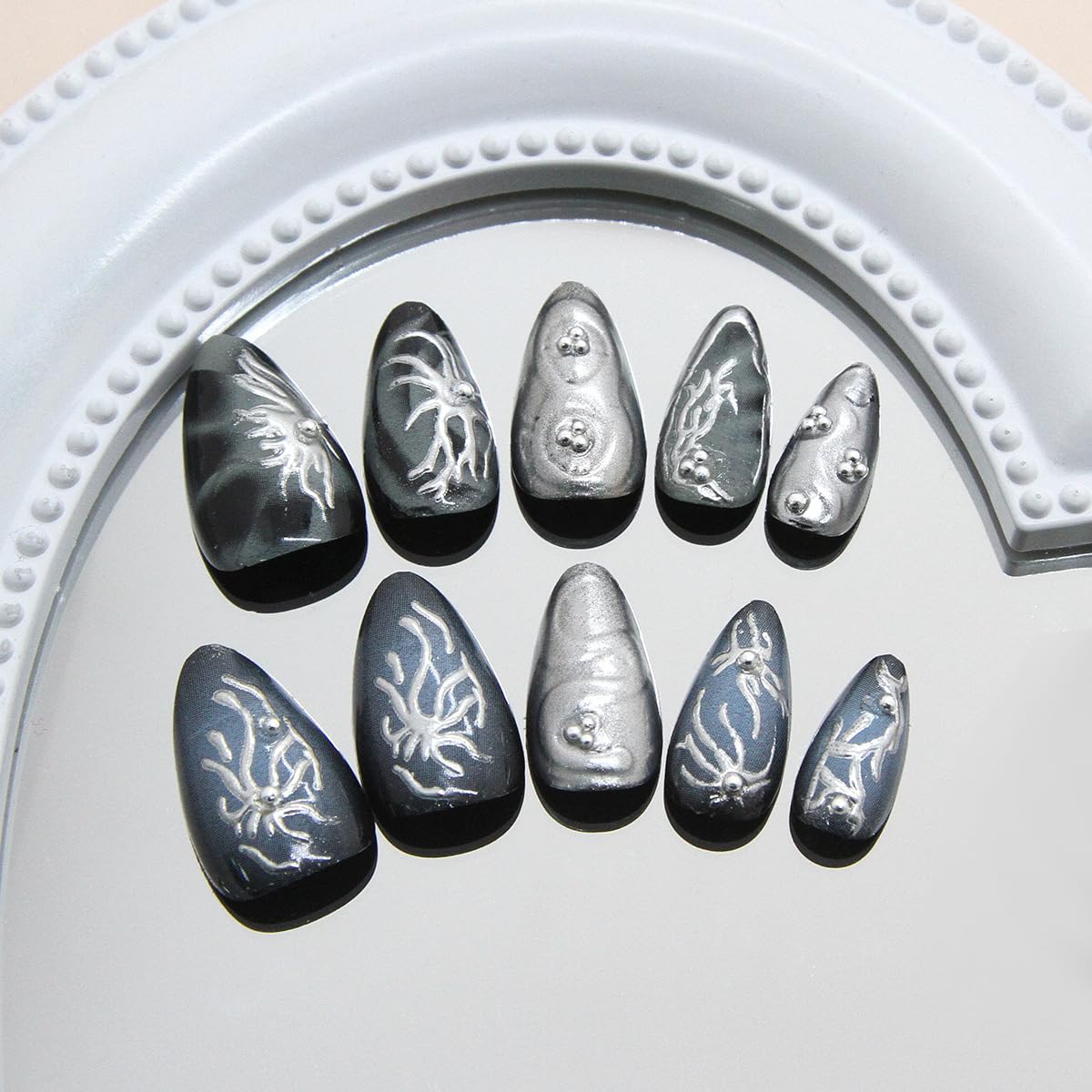 30Pcs Goth Press on Nails Medium Almond Fake Nails 3D Silver Alloy Chrome Glitter Design Y2k Glue on Nails Full Cover Glue on Nails Reusable Handmade Nails Black False Nails for Women Acrylic Nails