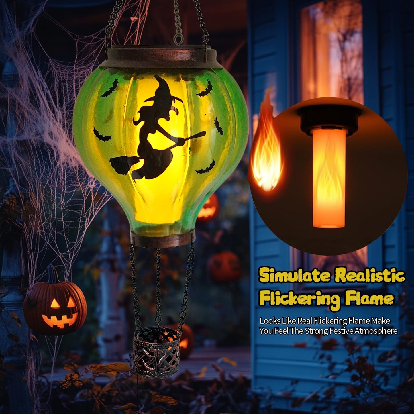 Halloween Decoration Outdoor Hot Air Balloon Solar Lantern with Flickering Flame, Hanging Outdoor Lanterns with Flying Witch Design Waterproof Decor for Garden, Patio, Halloween Party(Witch)