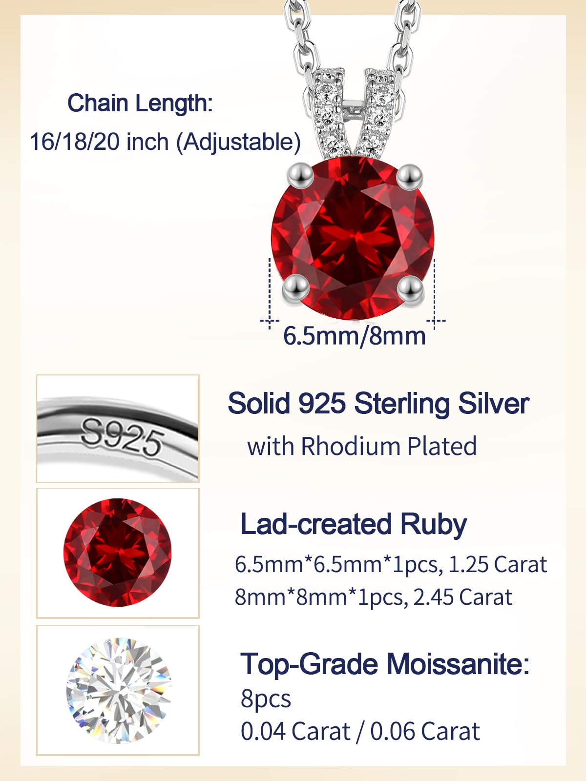 CYW 1 Carat Red Ruby Small Round Necklace for Women 925 Sterling Silver Solitaire Pendant Necklace