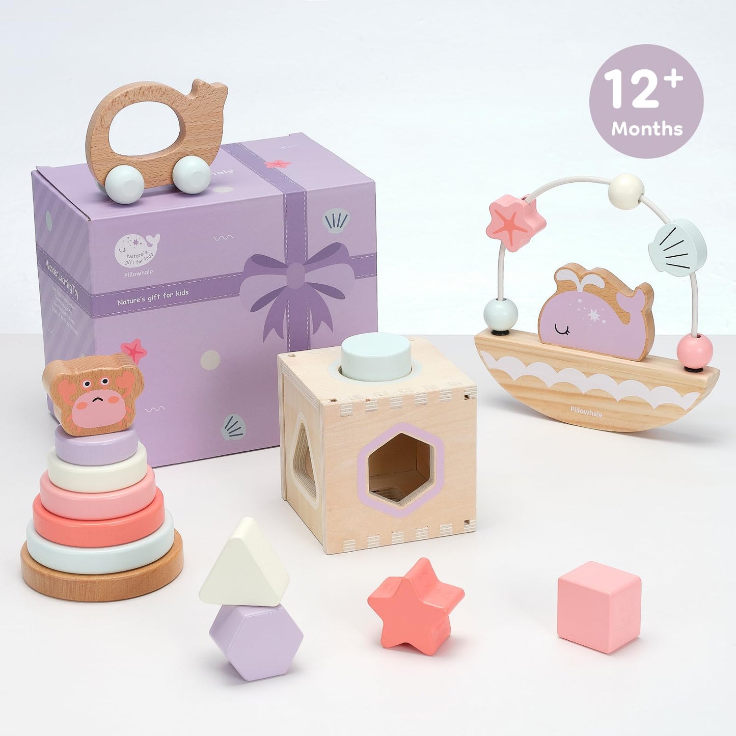 Pillowhale Montessori Wooden Toys Set for Toddlers 12M+ – 4-in-1 Educational Toy with Stacking Rings, Shape Sorter, Bead Maze & Push Car