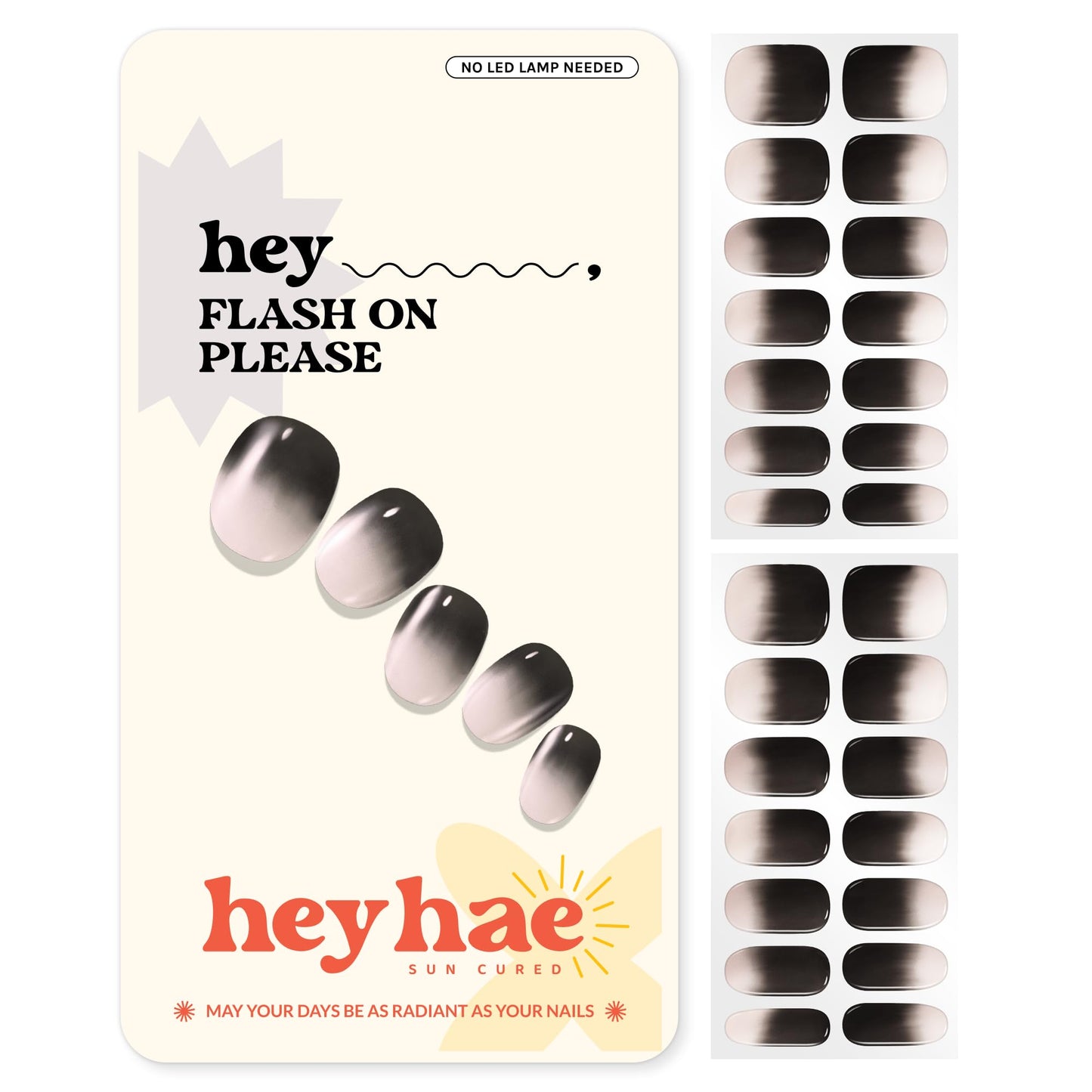 Heyhae Semi Cured Gel Nail Strips | No LED Lamp Needed | Ombre, Black, Pink | Easy Apply & Remove, Salon Quality | Includes 28 Strips, 1 Prep Pads, Nail File & Wooden stick - Hey, Flash On Please