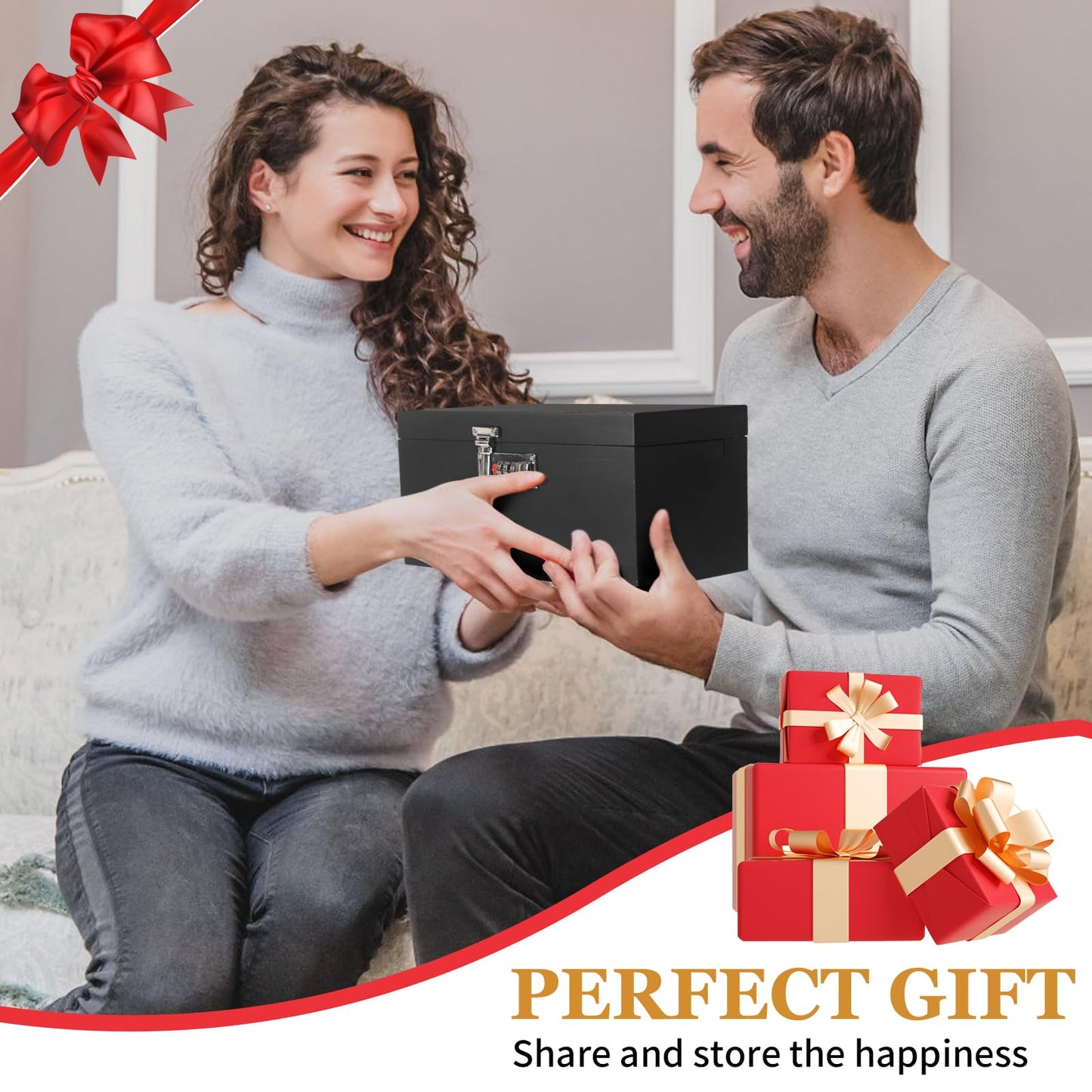 Large Black Bamboo Box with Combination Lock, Premium Storage Box with Removable Tray & Detachable Compartments, Wooden Decorative Boxes with Alright Jars & Brushes & Tubes for Great Gift Choice.