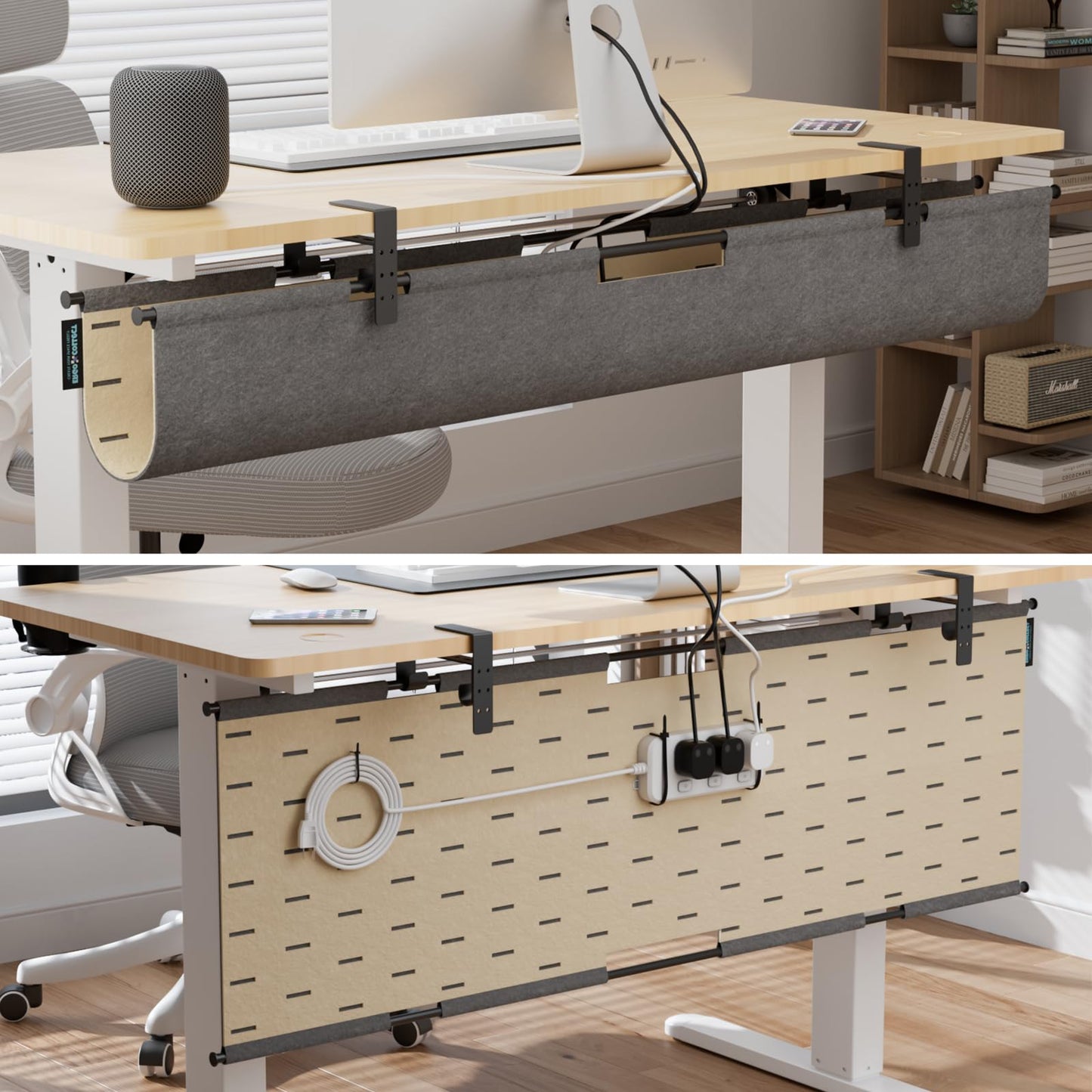 2-in-1 Under Desk Cable Management Tray & Privacy Panel, Dual-Sided Felt Cord Organizer to Hide Wires and Clutter, Desk Mount Cord Holder for Office and Home, Clamp or Screw Mount (Gray/Khaki, 45.2")