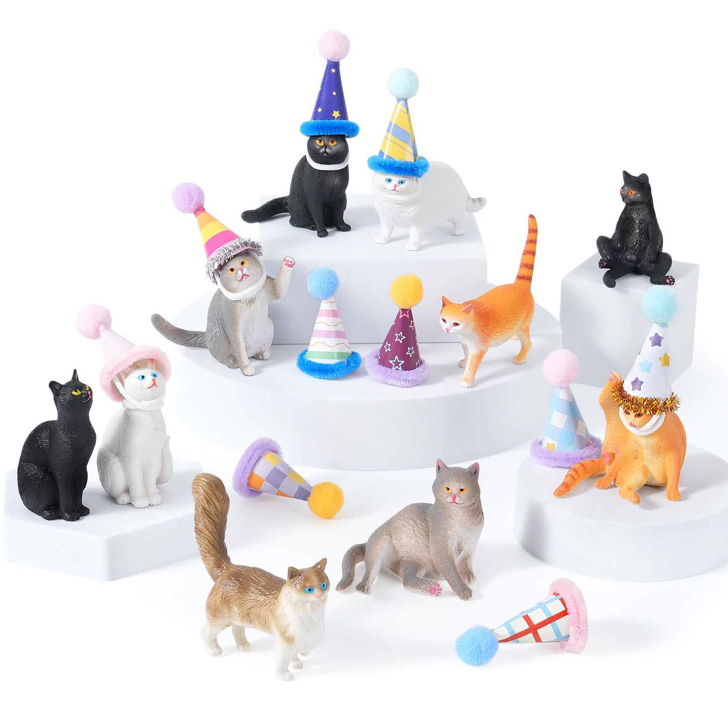 FCKLVMC 20 Pcs Miniature Cat Figurines with Birthday Hats Kit, Resin Tiny Cat Figurines Cake Toppers for Birthday Cat Cake Party Decorations